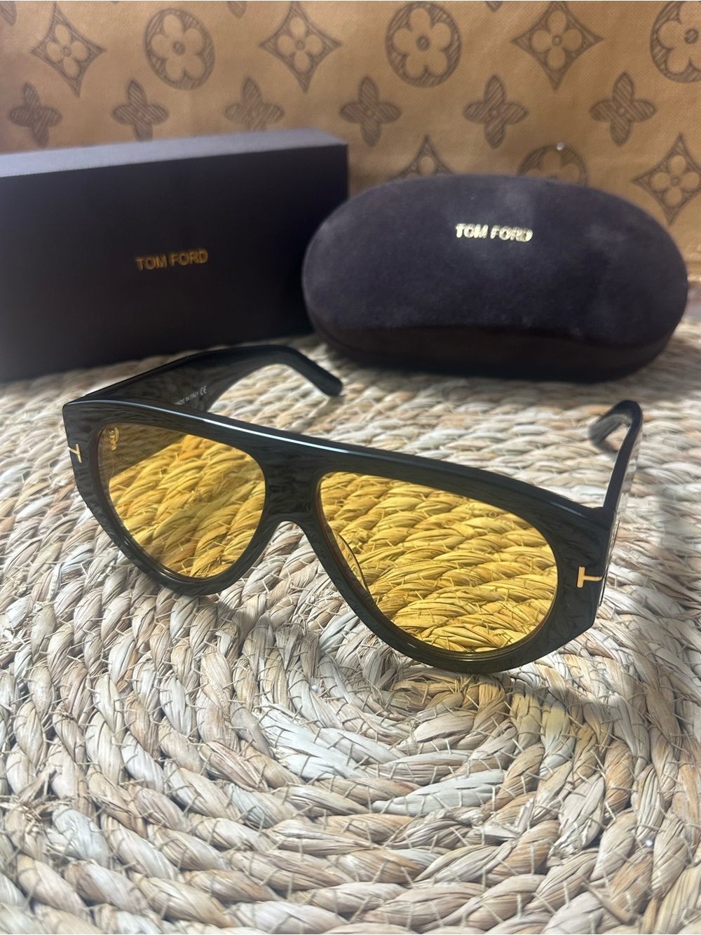 Tom Ford Black Frame Sunglasses with Yellow Lenses and Gold Accents